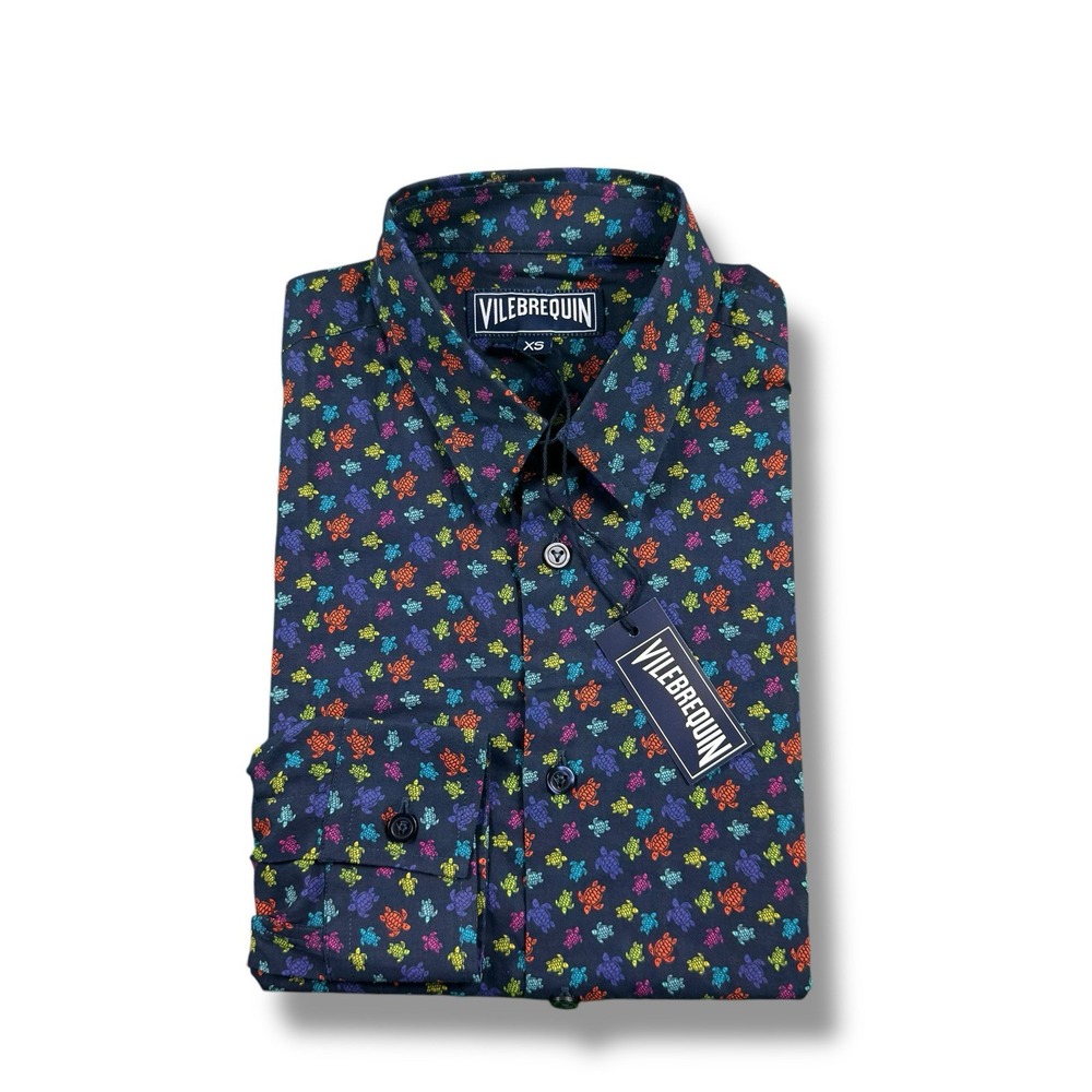 NWT $300 Vilebrequin Lightweight Cotton Shirt Navy Micro Rainbow Turtles AOP XS